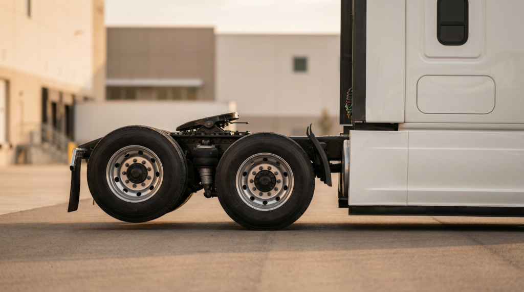 Pormenor da lateral de um camião branco com o eixo suspenso recolhido, demonstrando a aplicação prática da isenção do Vale-Pedágio Obrigatório para veículos vazios.