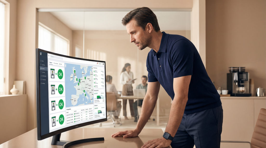 Gestor de logística em traje esporte-chic analisa painel digital com indicadores verdes de conformidade do Vale-Pedágio Obrigatório em um monitor curvo profissional