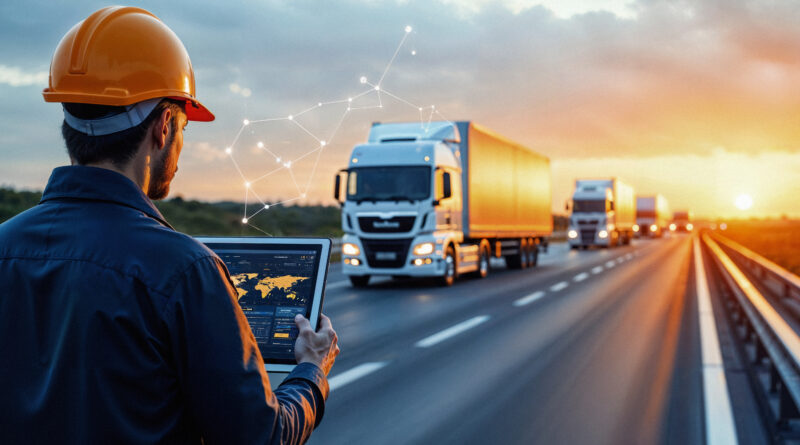 Gestão de frotas com caminhões monitorados por tecnologia, mostrando controle digital de veículos e colaboradores em operação com o Trio Card Plus Frota.