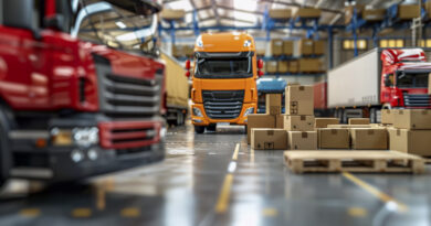 Frota de caminhões corporativos estacionados em pátio logístico, representando indicadores de frota e eficiência operacional.