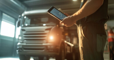 Profissional realiza manutenção preventiva de frotas utilizando tablet em oficina de caminhões, simbolizando tecnologia e eficiência na gestão de frotas.