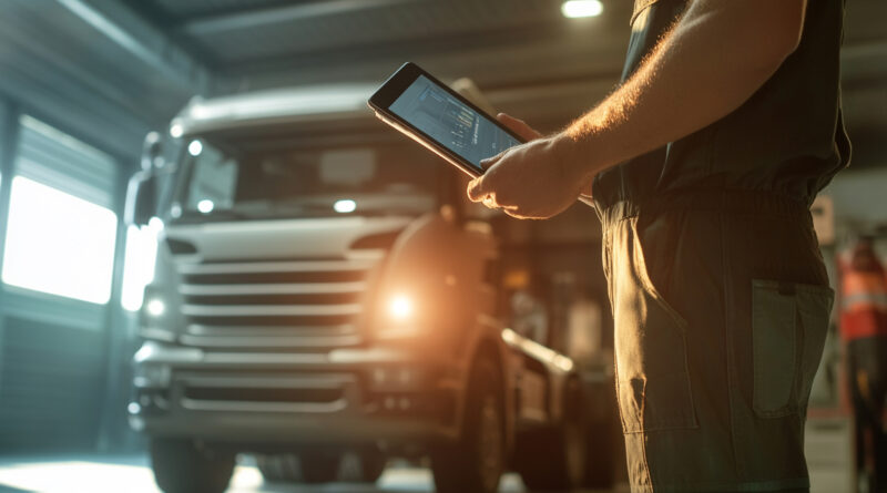 Profissional realiza manutenção preventiva de frotas utilizando tablet em oficina de caminhões, simbolizando tecnologia e eficiência na gestão de frotas.