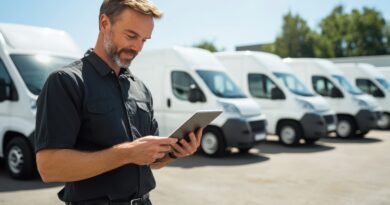 Gestor analisando dashboard de gestão de frota leve com indicadores de combustível, manutenção, pedágios e quilometragem.