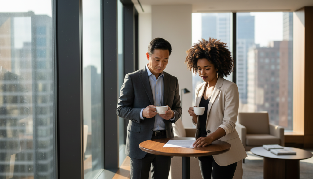 Homem e mulher em trajes executivos conversando calmamente junto a uma janela iluminada enquanto consultam um documento; representação de uma liderança alinhada por critérios de decisão eficazes.
