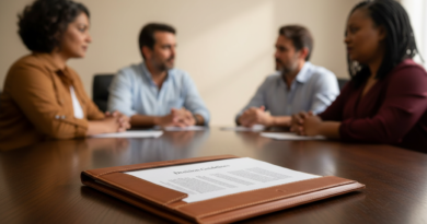 Close-up em profundidade de campo reduzida de uma pasta de couro sobre mesa de madeira, exibindo documento com o título "Decision Guidelines"; ao fundo, executivos em conversa desfocada simbolizam a ordem e os critérios de decisão na governança corporativa.