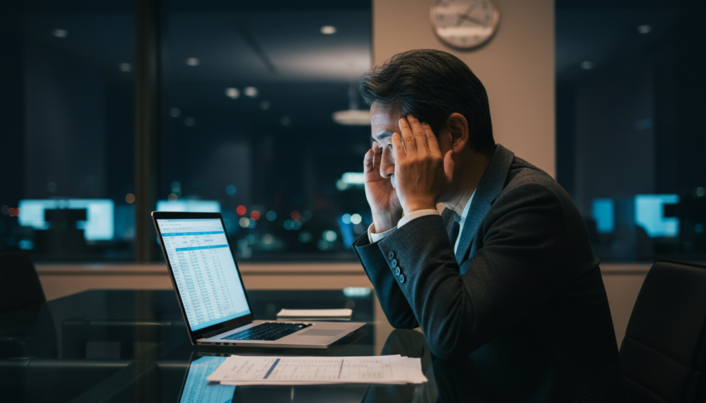 Homem de meia-idade com as mãos nas têmporas demonstrando estresse diante de um notebook em um escritório moderno à noite; imagem sobre a urgência de estabelecer critérios de decisão.