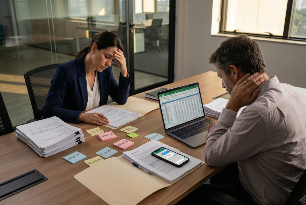 Executivos analisando planilhas e documentos em reunião de fechamento, com post-its de urgência e exceção, ilustrando riscos na gestão de benefícios previsível e reconstrução do mês no financeiro.