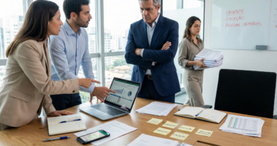 Executivos analisando relatórios financeiros em reunião estratégica sobre gestão de benefícios corporativos, com foco em riscos operacionais e revisão de critérios.