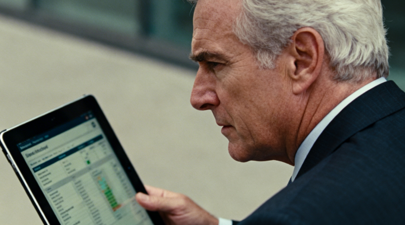 Executivo analisa dashboard financeiro em tablet para acompanhar indicadores de conformidade de benefícios e frotas na operação da empresa