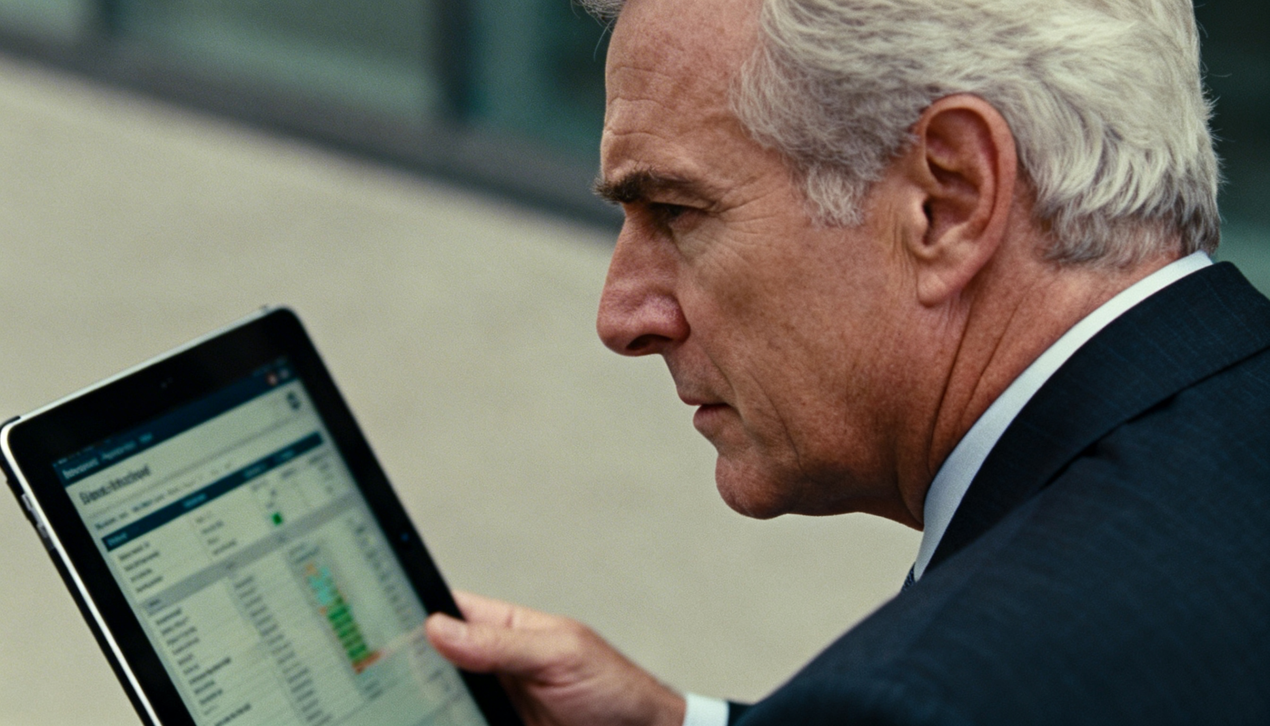 Executivo analisa dashboard financeiro em tablet para acompanhar indicadores de conformidade de benefícios e frotas na operação da empresa