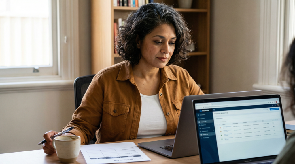 CFO revisando relatórios no laptop durante o fechamento do mês, reforçando uma gestão de benefícios previsível com decisão registrada em sistema.