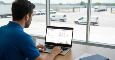 Gestor de frota analisa o dashboard do sistema Plus Frota em seu computador para eliminar processos de reembolso de frota, com visão de pátio organizado e veículos utilitários em movimento ao fundo.