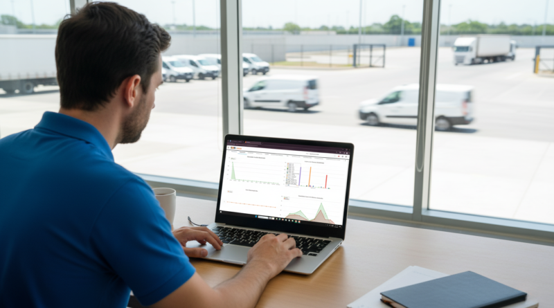 Gestor de frota analisa o dashboard do sistema Plus Frota em seu computador para eliminar processos de reembolso de frota, com visão de pátio organizado e veículos utilitários em movimento ao fundo.
