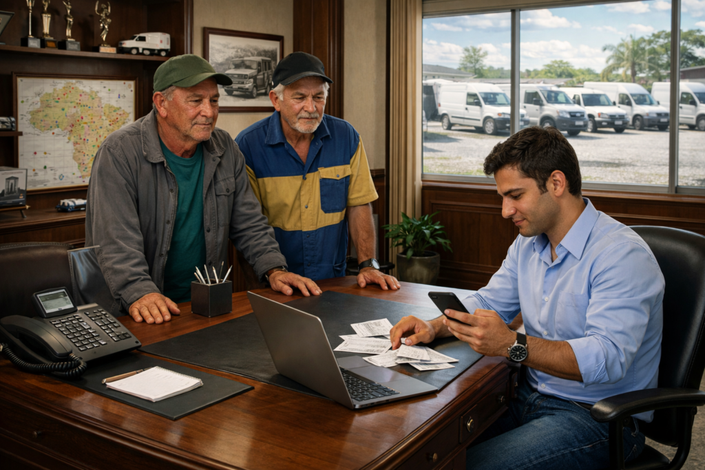 Gestor de frota em escritório tradicional conferindo notas fiscais e cupons para reembolso de frota enquanto motoristas aguardam, com pátio de veículos utilitários visível ao fundo.