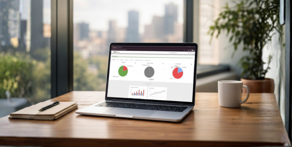 Fotografia em ângulo dinâmico de um notebook sobre mesa de madeira exibindo o dashboard do sistema de gestão de frotas Plus Frota, com gráficos de faturamento e pedágio em evidência e cenário de escritório ao fundo.