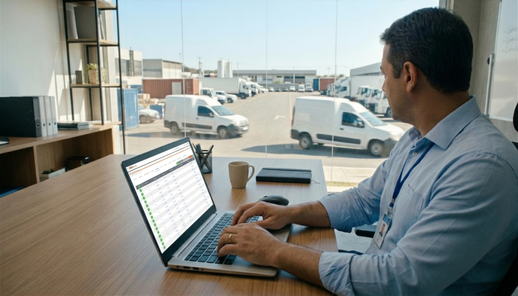 Gestor de frota utiliza software de controle em tempo real para evitar reembolso de frota, com visão de pátio organizado e veículos utilitários em movimento ao fundo.